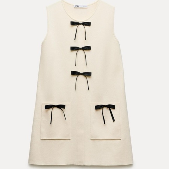 Zara Dresses & Skirts - Zara Knit Mini Dress with contrasting Black Bows Small